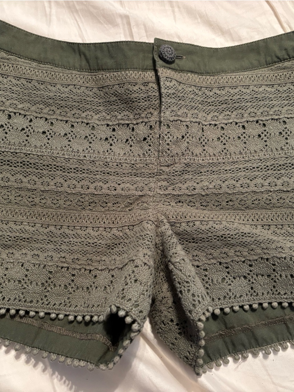 Women's Olive Crochet Pom-Pom Shorts